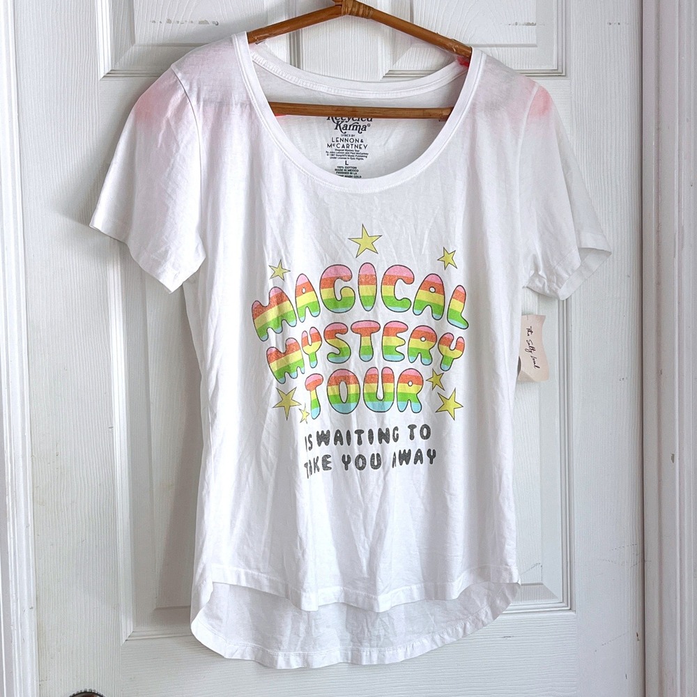 Recycled Karma The Beatles Magical Mystery Tour L Womens White Band Tee Rainbow